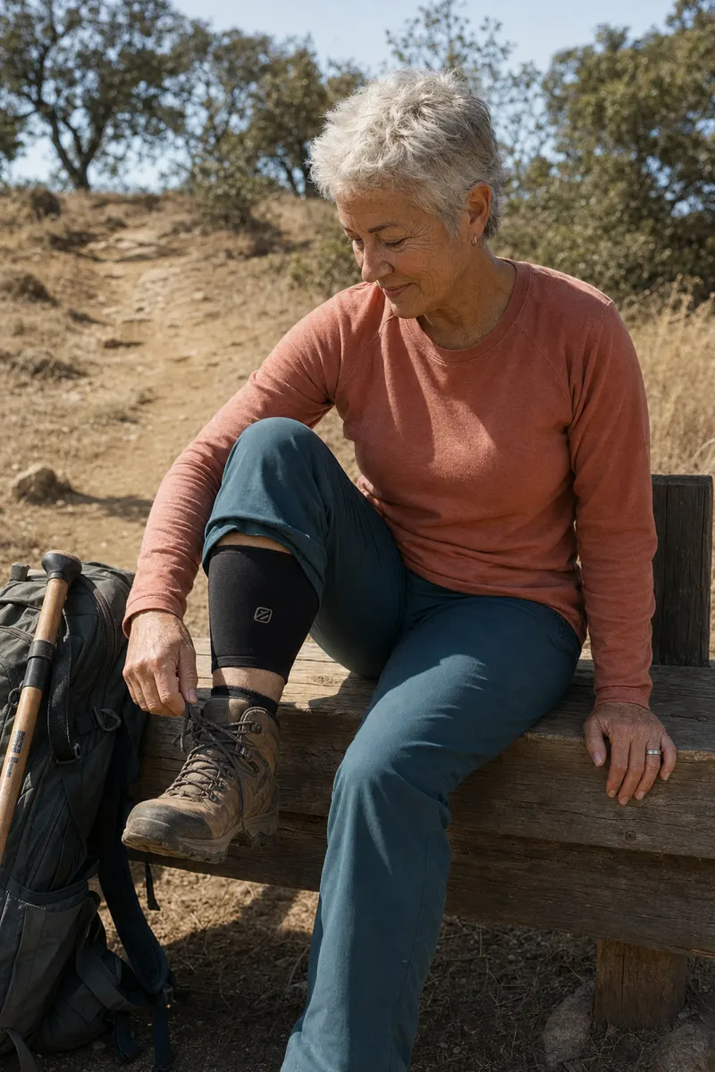 Active woman lacing her hiking boots on a trail